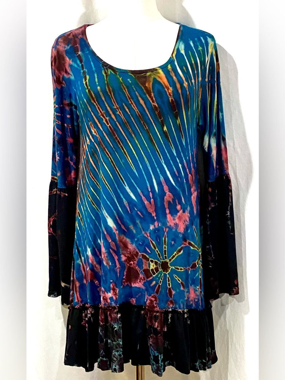 Katmandu Imports Tie-Dye Flare Sleeves, Ruffle Hem Festive Boho Tunic Dress S/M